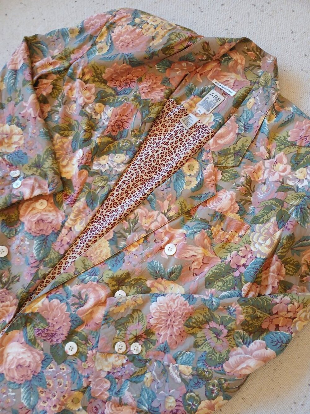 Vintage Anne Pinkerton APE Women’s 6/L Floral Blazer Leopard Lined Hong Kong